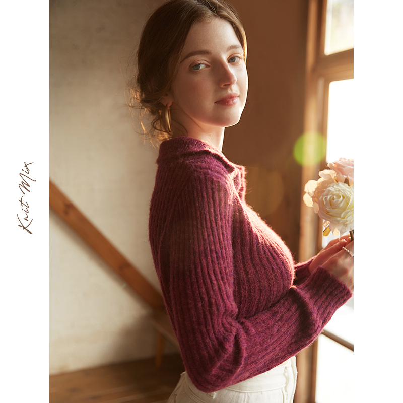 Knit Mix毛衣翻领短款打底织衫女2023新款冬修身紫色慵懒外穿上衣