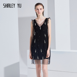 SHIRLEYYU秋季新款黑色钉珠性感V领无袖名媛聚会派对连衣裙礼服