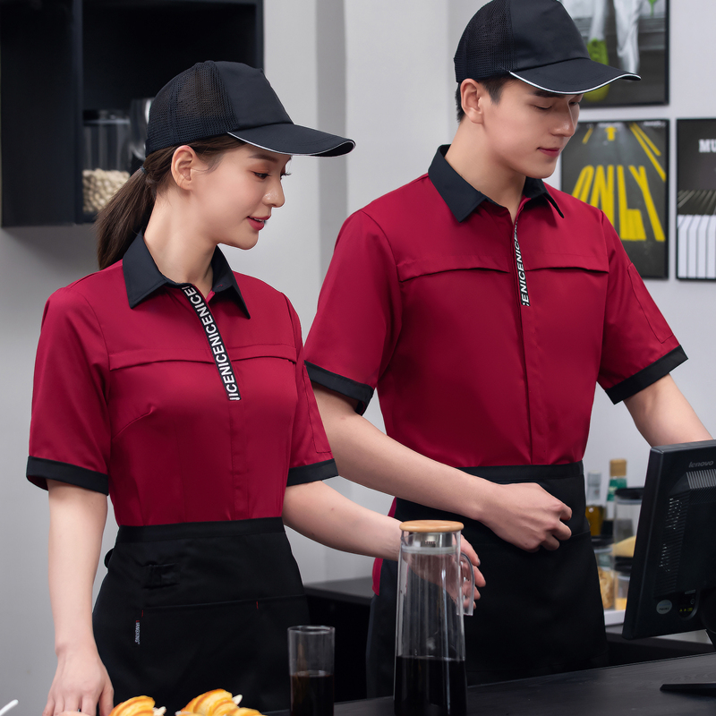 夏服务员工作服衬衫短袖西餐厅工装衬衣青年上班带围裙印字logo男