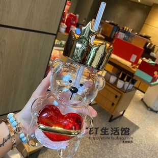 星巴克杯子 2021 情人节新款 爱意满满小熊玻璃吸管杯 可爱喝水杯