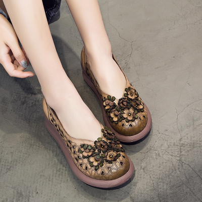 真皮民族风复古花朵坡跟包头凉鞋女夏高跟防水台休闲牛皮镂空女鞋