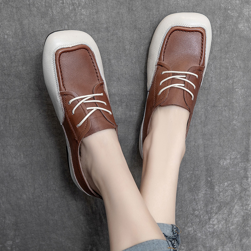 春季新款真皮复古手工方头牛筋软底女鞋系带软皮妈妈鞋休闲小单鞋