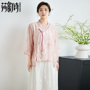 夏季复古中式盘扣改良汉服宽松短款天丝上衣女高端V领衬衫薄款