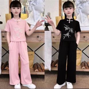 新中式国风套装女童夏季设计感温柔镂空短袖T恤运动直筒裤两件套