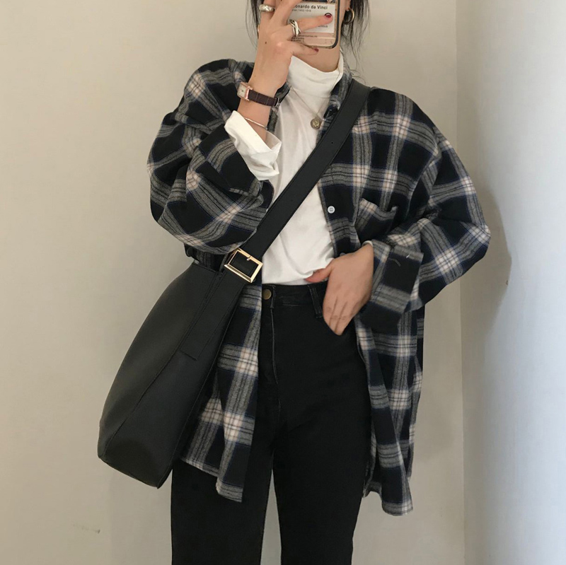 控3实拍实价韩chic休闲中长款格子口袋磨毛衬衫叠穿内搭