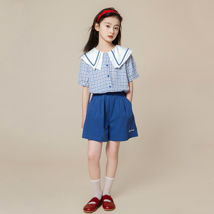 儿童短袖短裤套装纯棉娃娃领格子衬衫薄款童装2024女童韩版