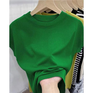 绿色圆领t恤女短袖2024年夏季新款冰丝针织设计感小众打底上衣潮