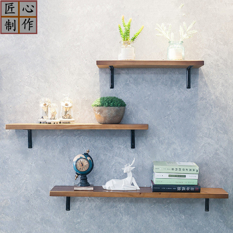 墙上置物架复古实木隔板收纳壁挂一字搁板铁艺家用墙壁酒架厨房架