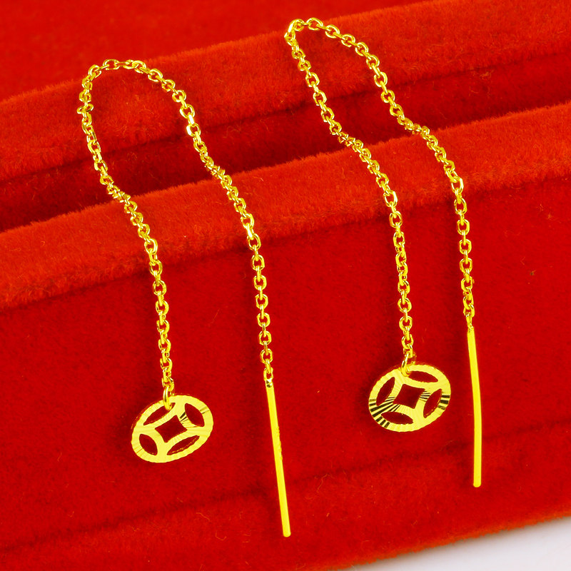 正品黄金耳环女款男款耳线9999足金纯金饰品5g真金首饰长款新时尚