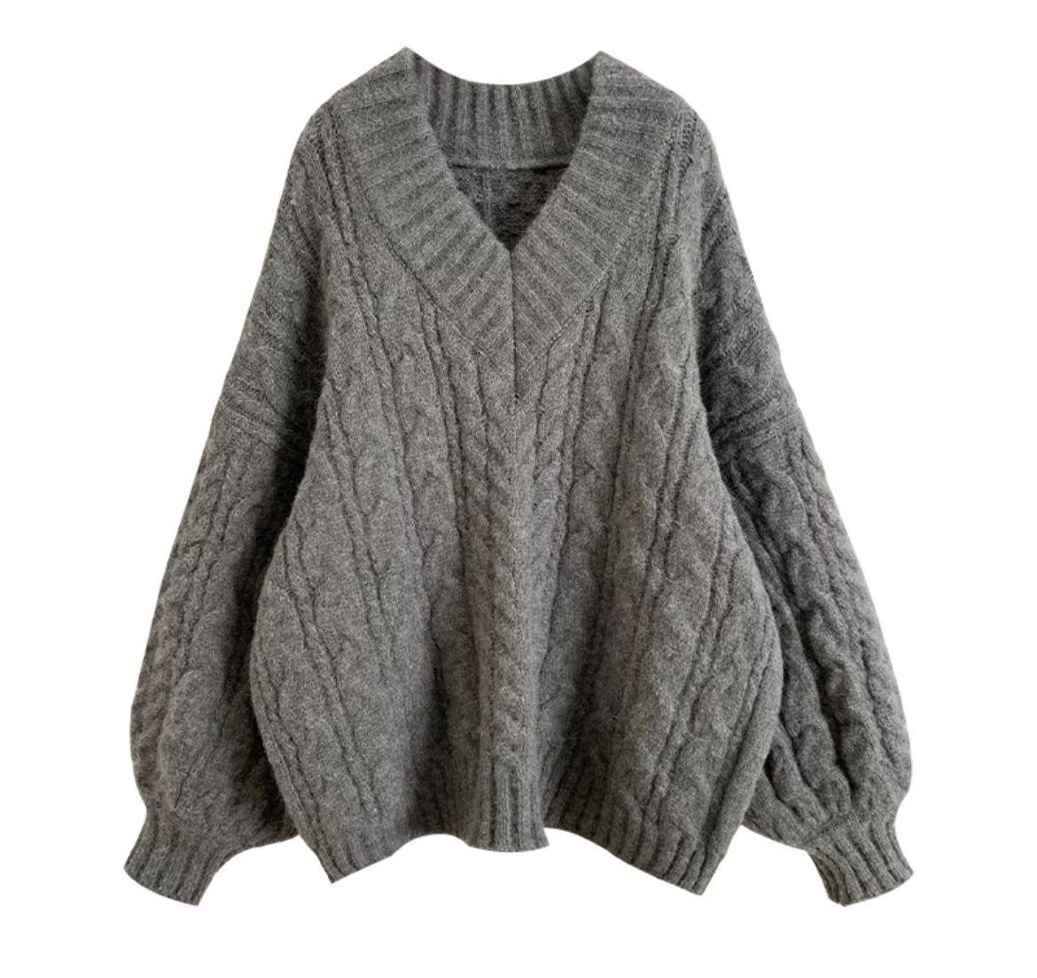 高级感v领灰色麻花毛衣女秋冬宽松复古灯笼袖针织慵懒风