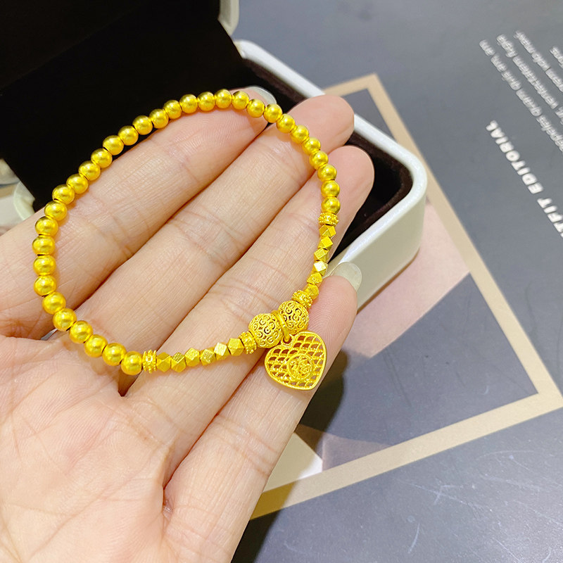 古法黄金手链女999足金转运珠手镯纯金爱心福字手串光面金珠手饰