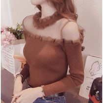 春夏季名媛性感网纱透视露肩蕾丝衫女修身打底衫薄款长袖T恤衫女