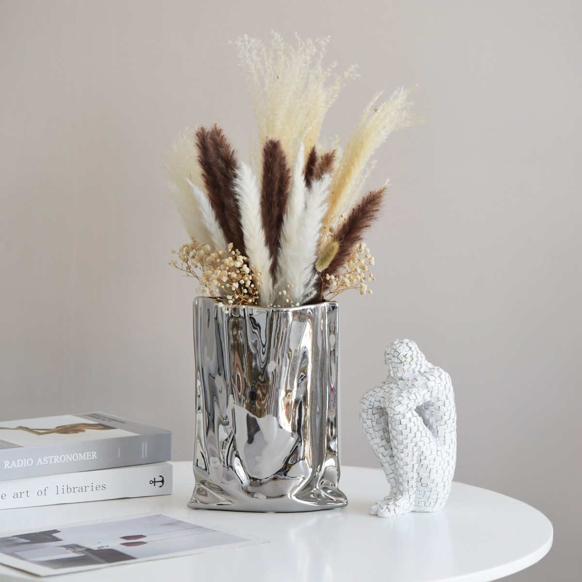 中古现代极简约电镀陶瓷银色花瓶客厅餐桌软装饰品摆设轻奢风花器