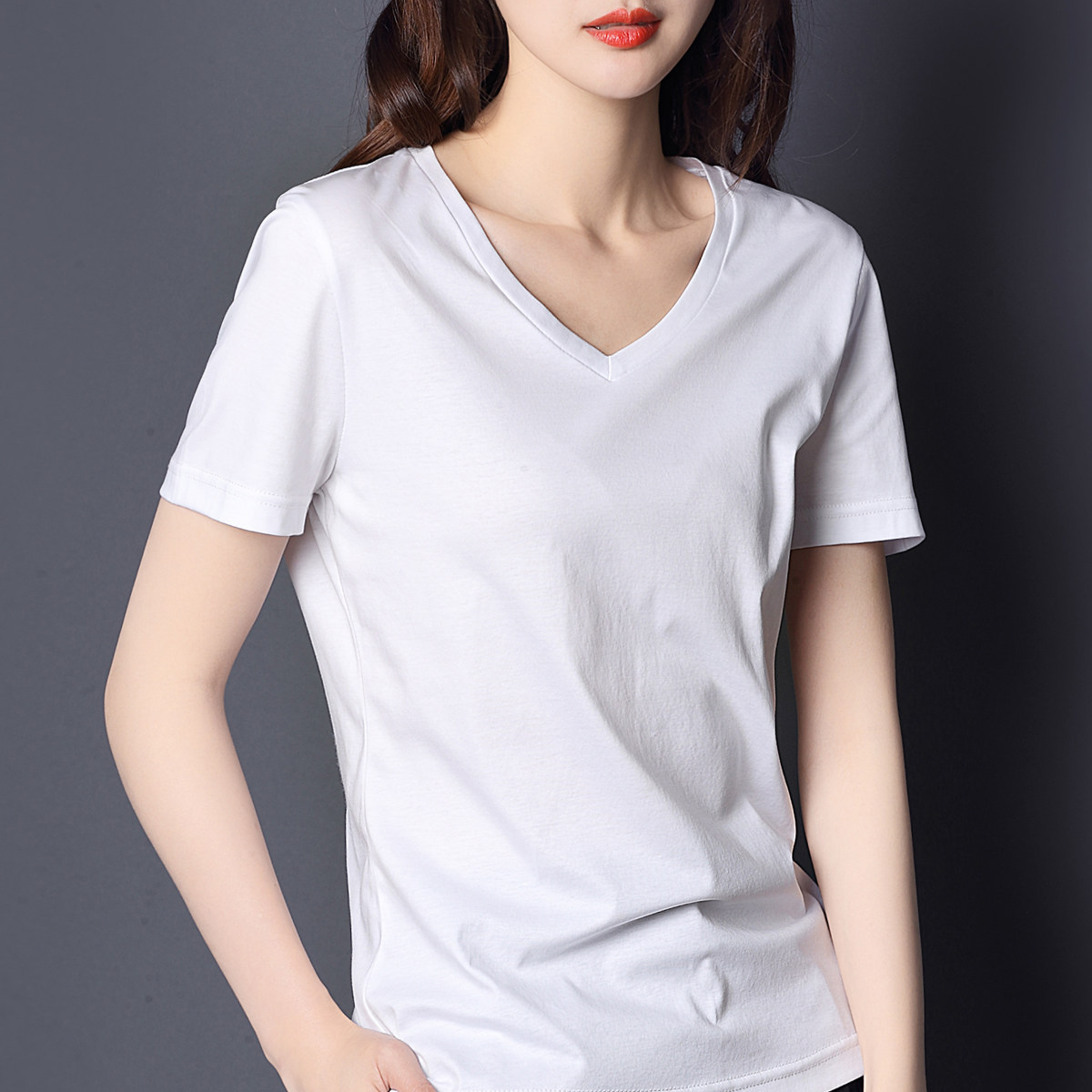 00淘宝新品100支双面丝光棉短袖t恤女夏季圆v领纯色半袖打底衫高端