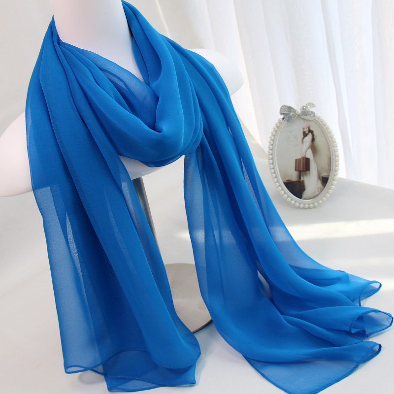 春秋新款蓝色丝巾乔其纱舞蹈纱巾时尚纯色围巾超大百搭形体披肩女