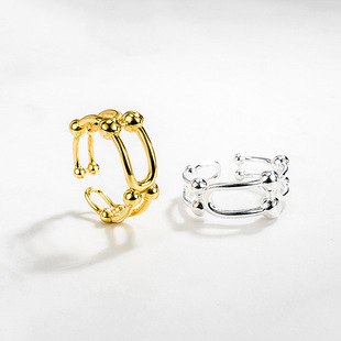 欧美INS小众设计S925纯银U造型马蹄扣戒指女简约创意几何开口指环