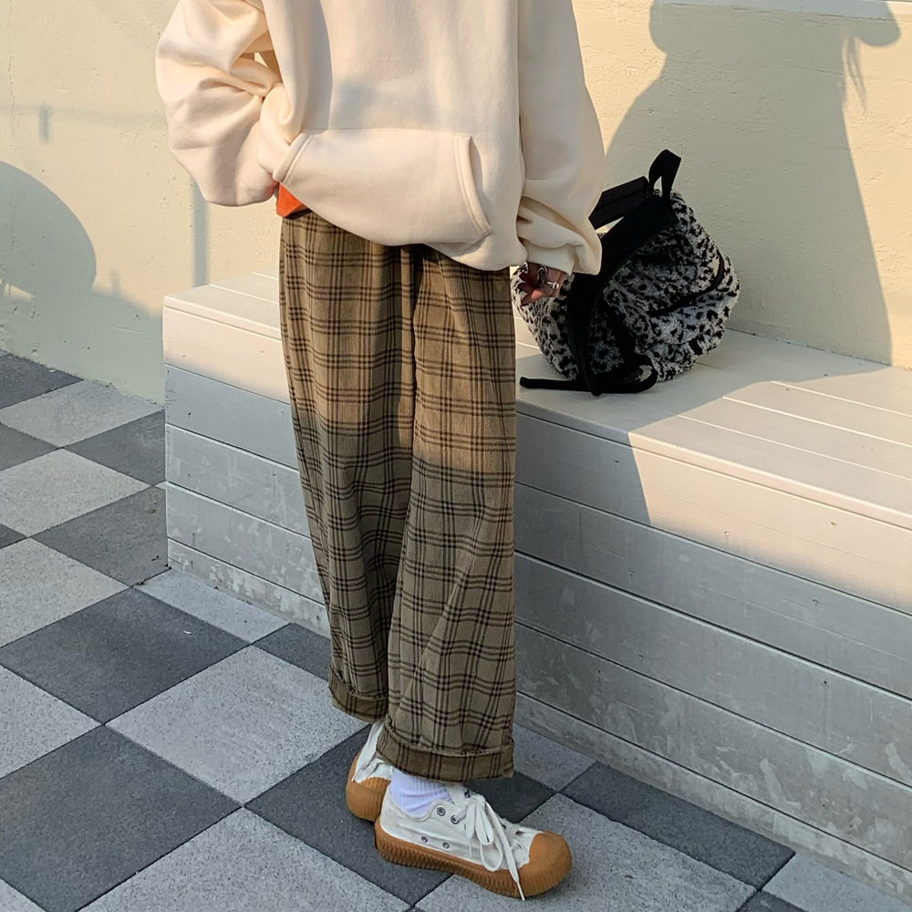 网红复古格子裤女秋冬季2020新款宽松直筒阔腿裤休闲显瘦拖地长裤
