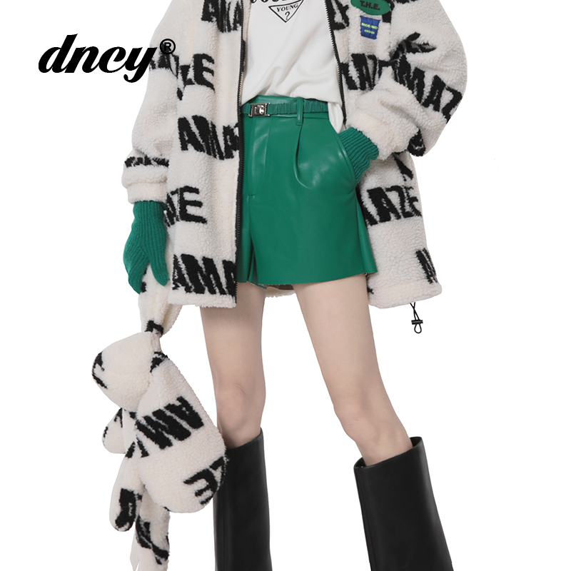 DNCY商场同款冬季高腰休闲pu皮短裤设计感金属安全扣腰带休闲裤女