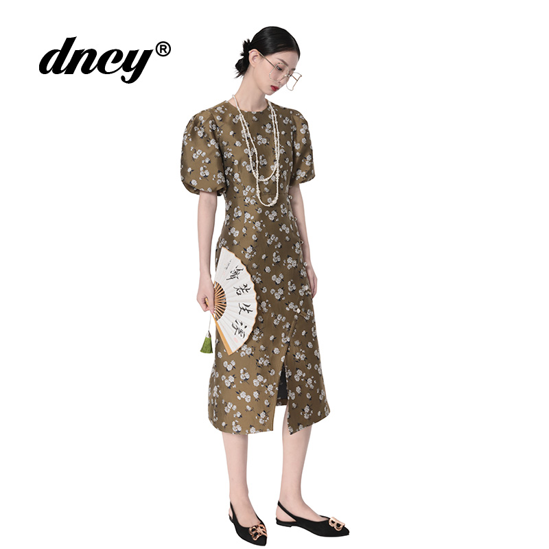 DNCY商场同款冬季胶囊气质泡泡袖连衣裙新中式国风高腰显瘦裙子