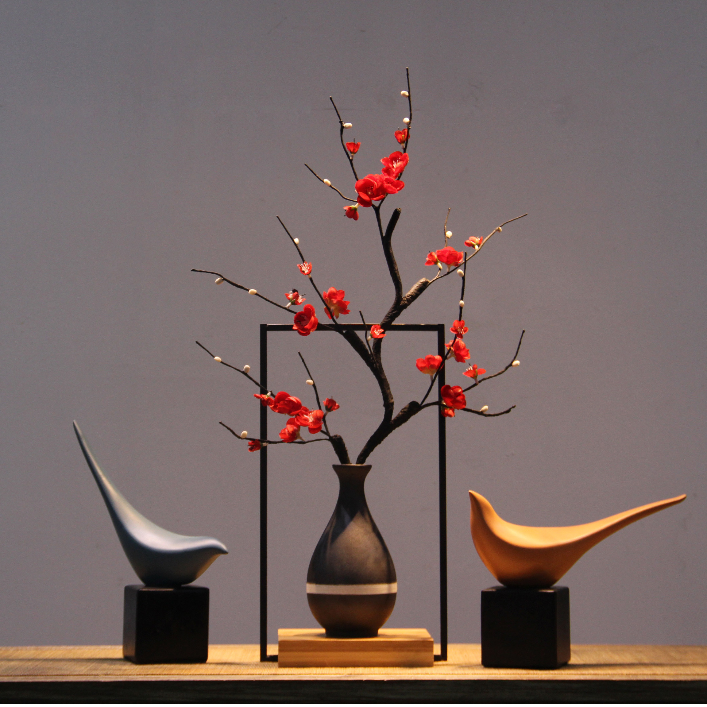 新中式陶瓷复古插花瓶创意花鸟摆件客厅玄关酒柜现代禅意家居装饰