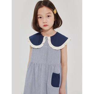 女童连衣裙夏装新款2024儿童蓝色条纹纯棉甜美花边领洋气无袖裙