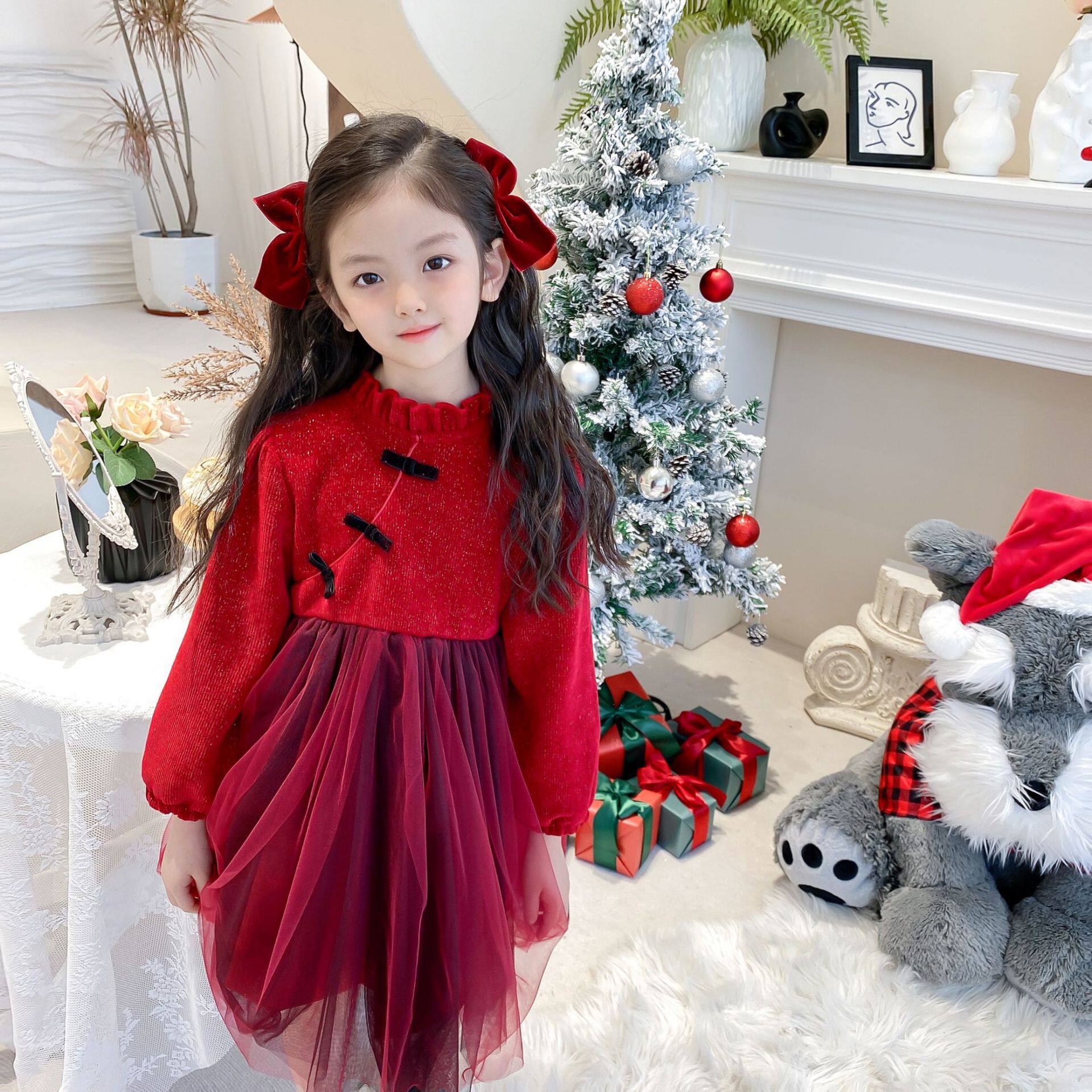女童金丝绒连衣裙冬加绒拜年服儿童公主裙过年服圣诞节洋气红色裙