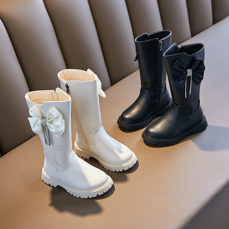 2021秋冬款女童靴子白色高筒长靴走秀表演洋气中大儿童马丁靴皮靴