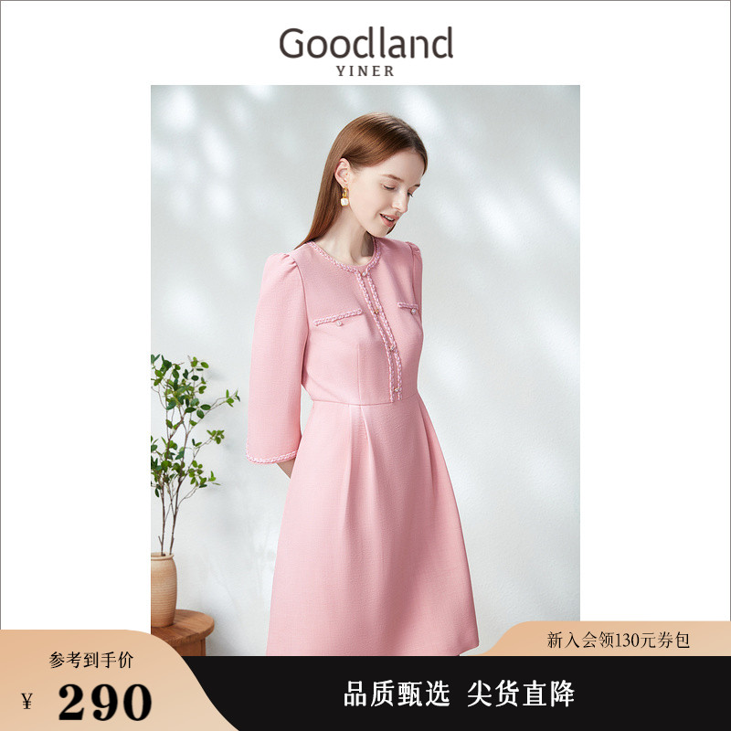 【千金风】Goodland美地女装春秋别致小香风七分袖连衣裙