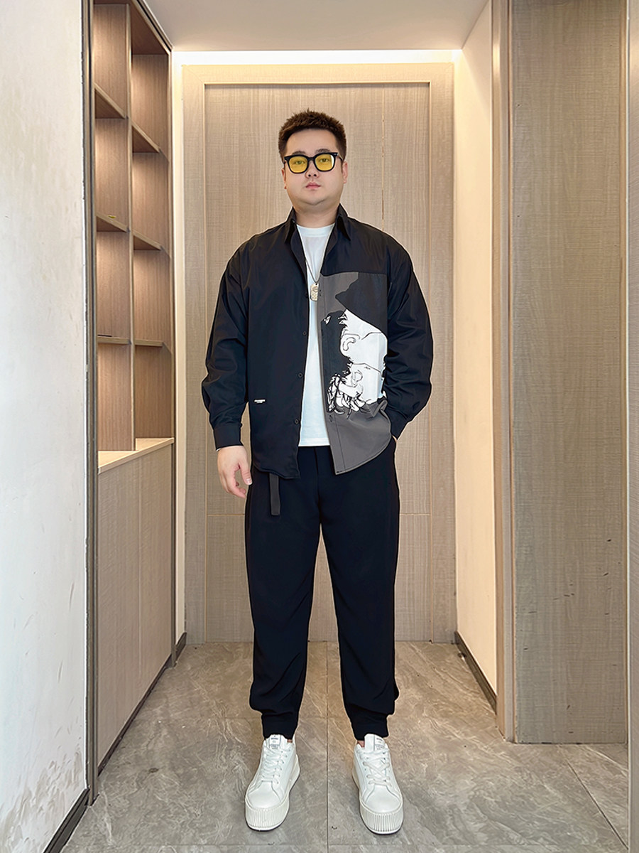 春秋季微胖男生显瘦穿搭长袖衬衫外套男宽松大码衬衣胖子全身搭配