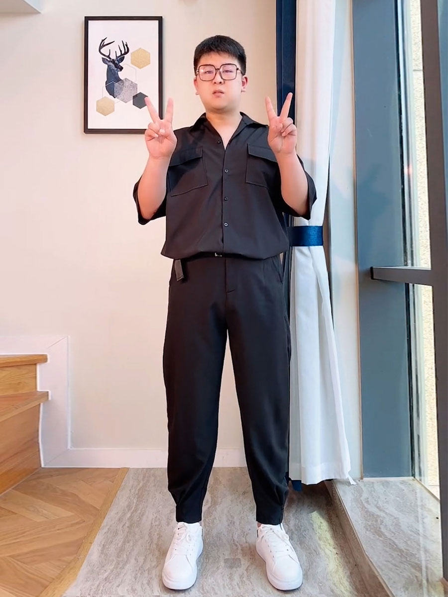 微胖男生显瘦穿搭夏季短袖衬衫帅气大码宽松衬衣夏天休闲潮牌套装