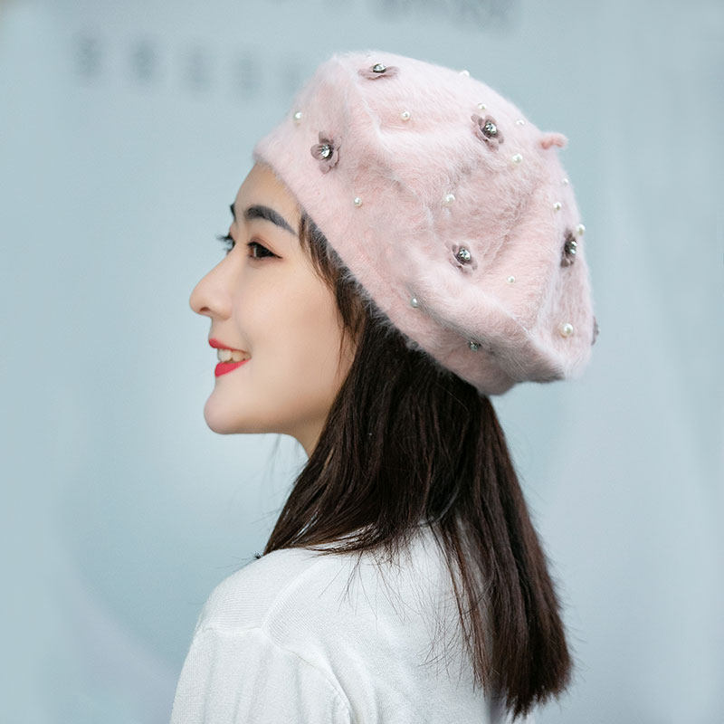 帽子仙女冬季浅粉色贝雷帽秋冬甜美水钻花朵钉珍珠刺绣兔毛蓓蕾帽