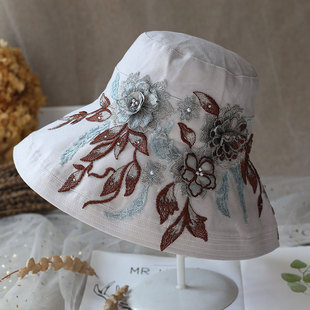 复古防晒棉麻布帽中国风立体刺绣钉珠花朵渔夫帽户外遮阳盆帽子女