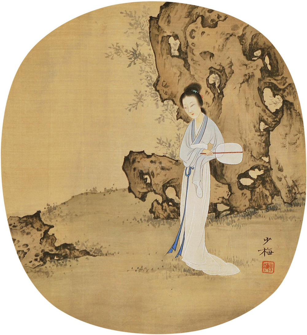 陈少梅仕女图团扇30x30仿古画名画复制品人物画名人字画书画喷绘