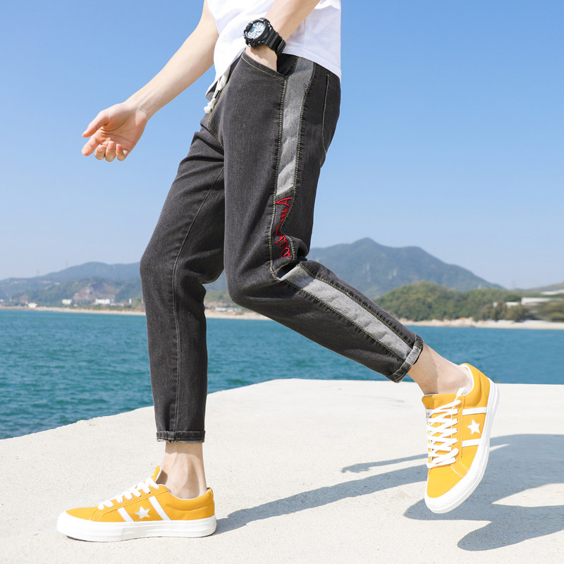 q春夏复古男士牛仔裤男修身韩版破洞小脚裤九分裤休闲潮牌裤111