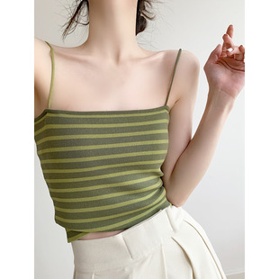 复古绿色条纹撞色细肩带针织背心女夏季抹胸修身性感小心机吊带衫