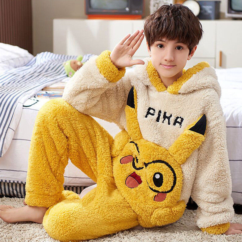 儿童睡衣女秋冬季法兰绒加厚卡通皮卡丘中大童宝宝男童家居服套装