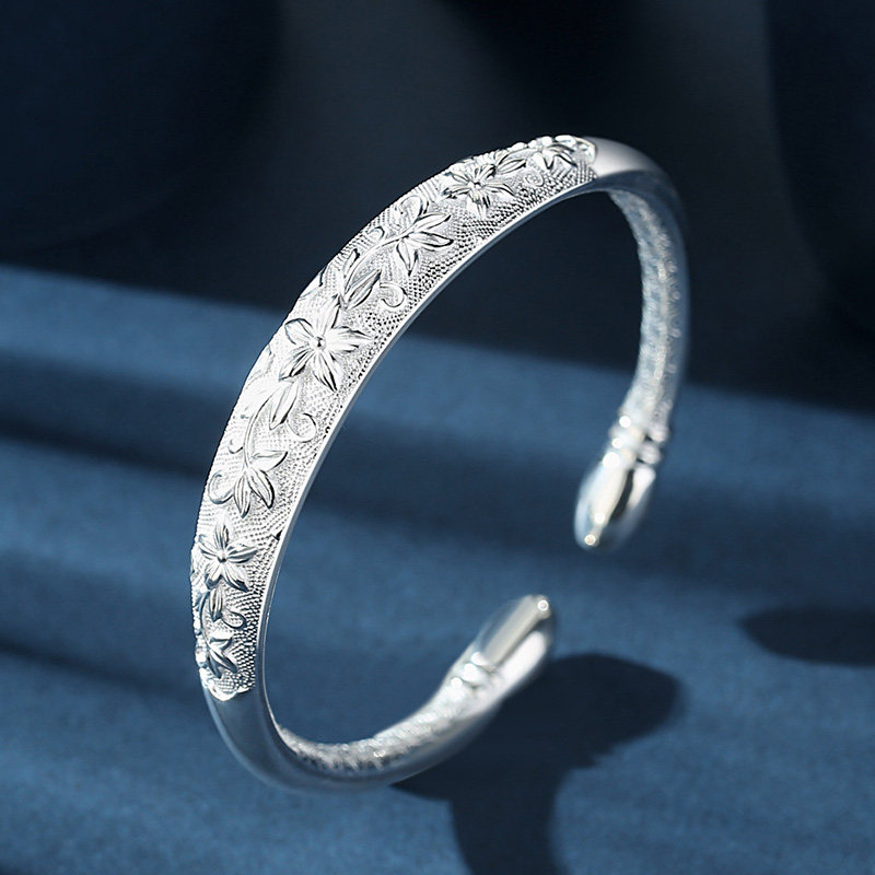 银手镯女纯银9999小众复古浮雕花朵对珠开口实心正品转运心经镯子
