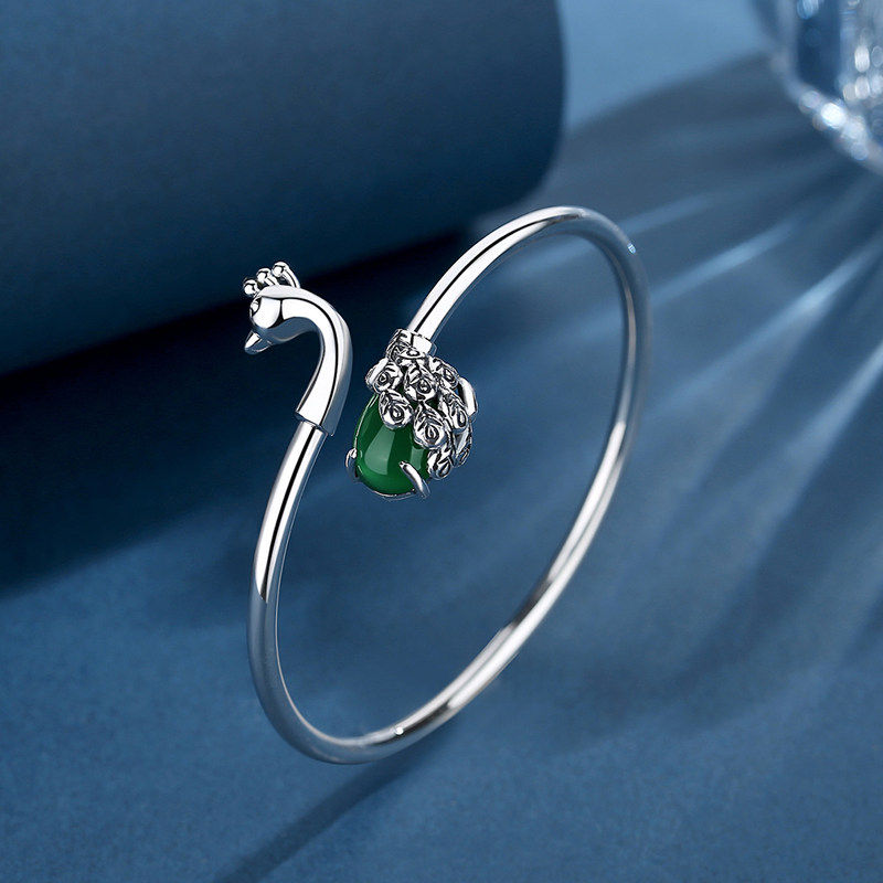 银手镯女纯银绿玉髓孔雀镯子ins网红足银情侣送妈妈女友礼物饰品
