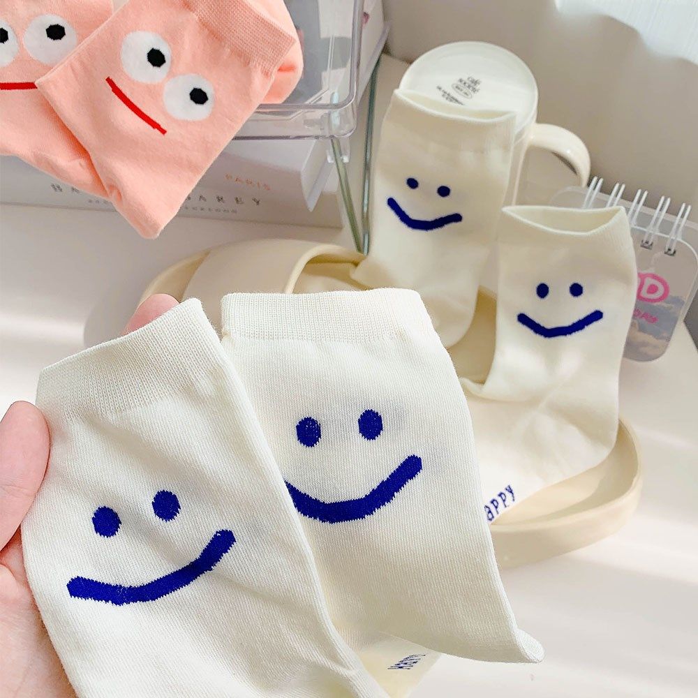 白色笑脸长袜子女夏季薄款ins潮纯棉韩国日系可爱运动夏款中筒袜