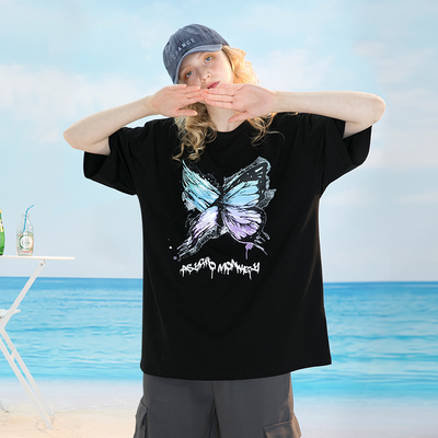 pcmy渐变刷漆蝴蝶短袖潮牌男女情侣装夏新款ins风个性嘻哈宽松t恤