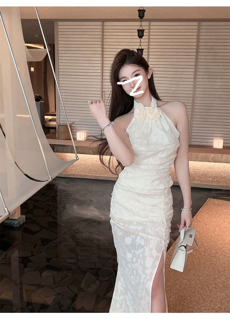 Yuxi 春季蕾丝挂脖白色背心套装女长款开叉高腰半身裙两件套