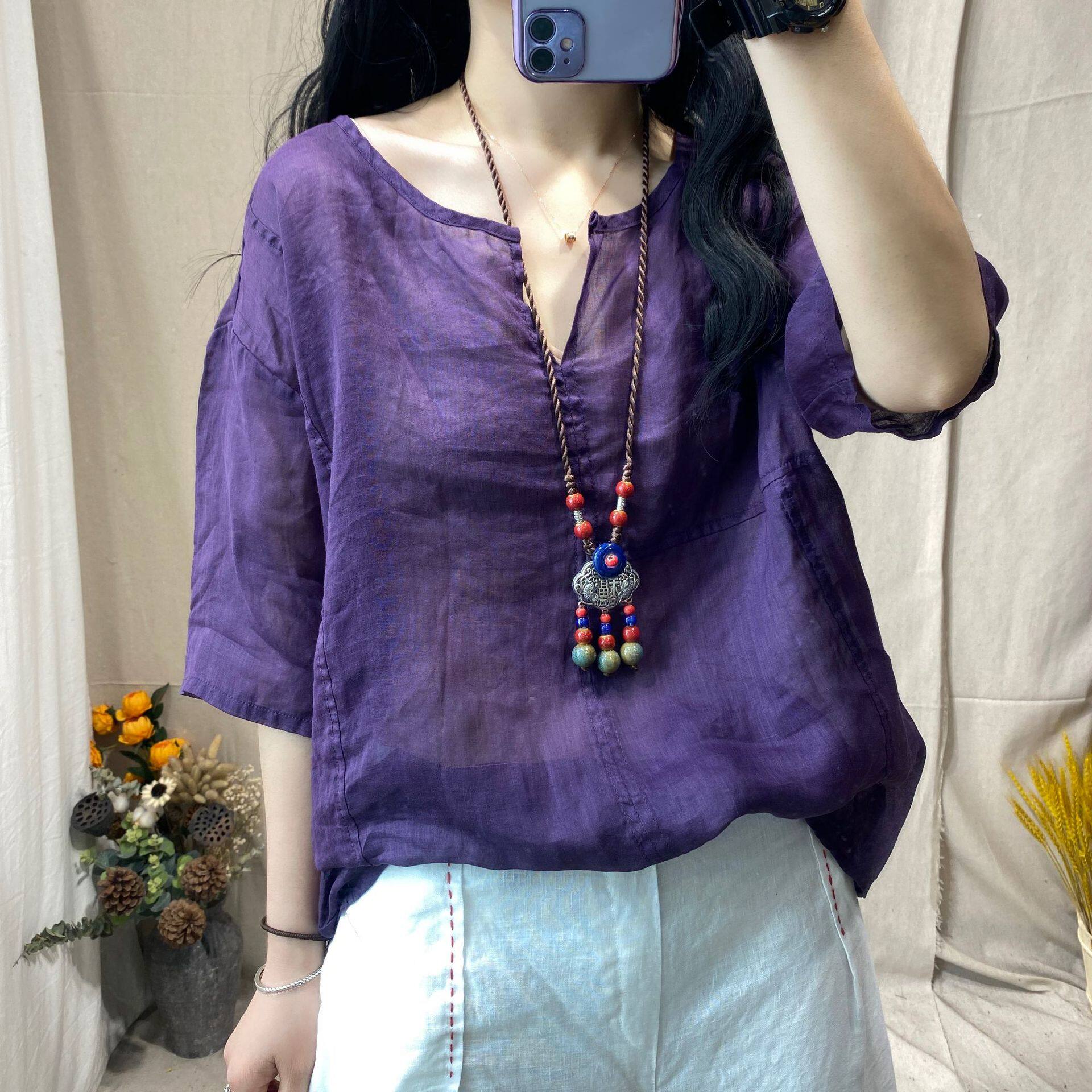 文艺复古棉麻短袖t恤女装 2020夏季新款宽松休闲印花圆领苎麻上衣-hao