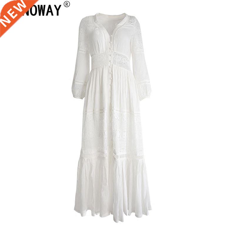 Vintage Chic Women White Beach Long Bohemian Maxi Dresses L