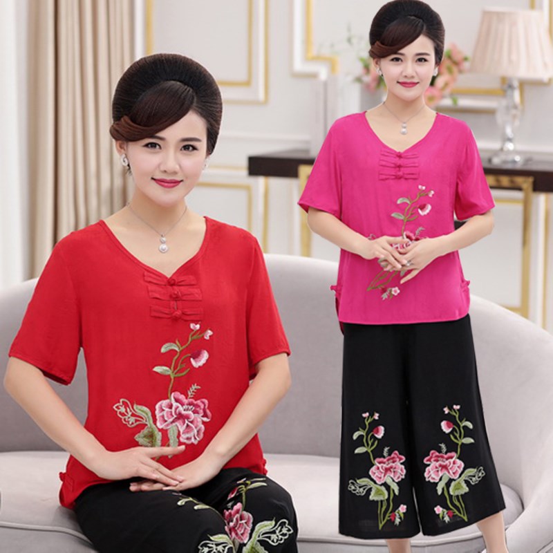 中年媽媽夏裝廣場舞亞麻棉麻2019新款兩件套裝中老年女裝上衣服裝在類目 女裝/女士精品, 中老年女裝中 - 來自Buy2taobao.com提供專業的淘寶代購服務