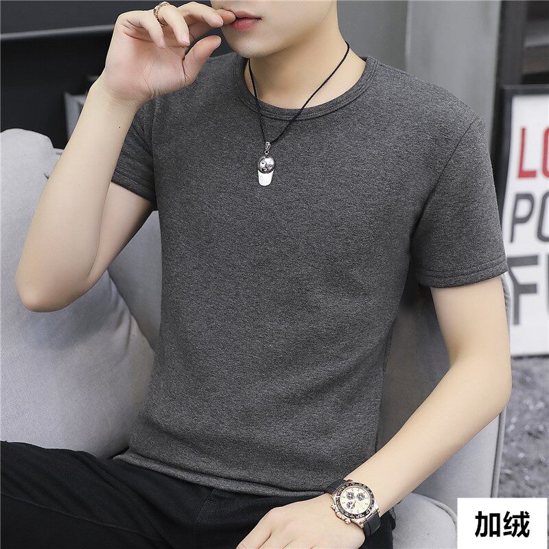 纯棉 加绒加厚_男士短袖t恤冬季加绒加厚打底衫纯棉保暖内衣半袖休闲
