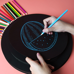 圆形硬卡纸 绘画美术纸水粉画纸黑色手工纸