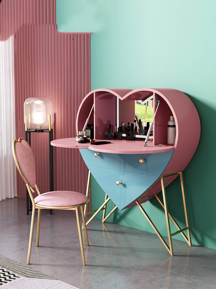 一折梳妆台木制_爱心梳妆台化妆桌子创意轻奢卧室一体收纳盒木制女网