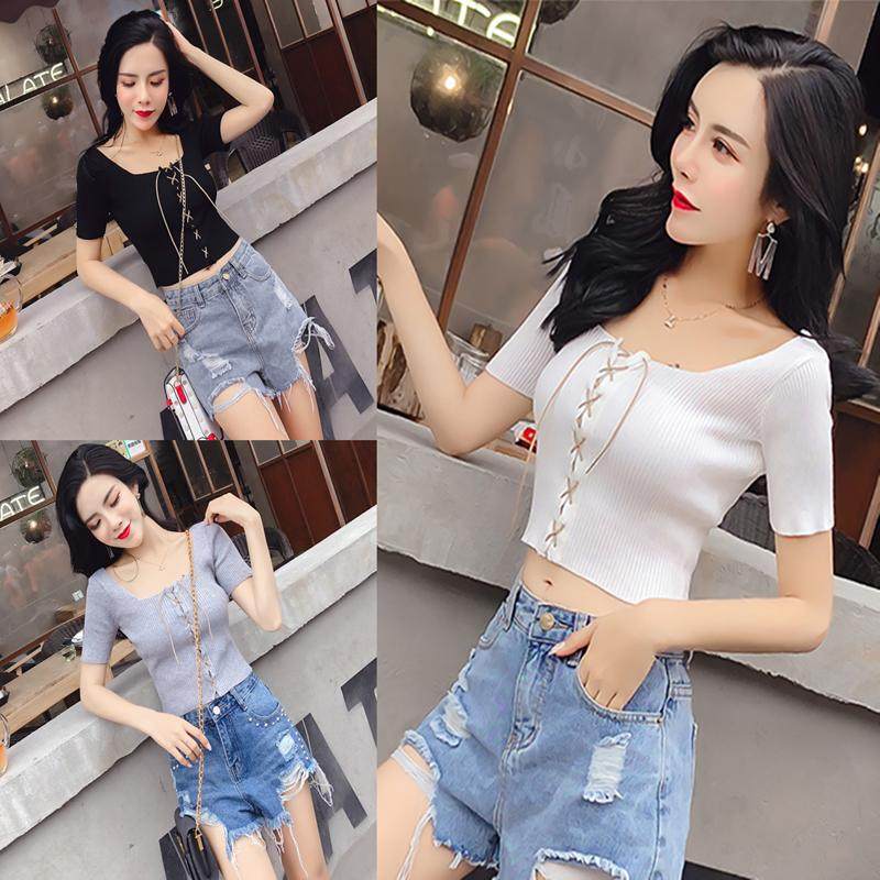 热销针织漏脐短上衣超短款
