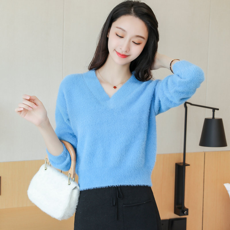 马海毛毛衣女秋冬宽松短款高腰浅蓝色外穿设计感小众针织衫小外套