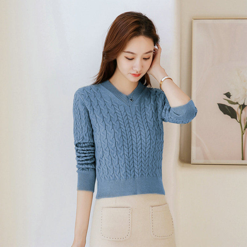 雾霾蓝针织衫女秋冬高腰短款v领小个子收腰百搭打底麻花休闲毛衣